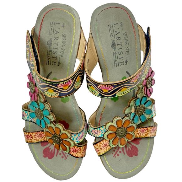 L'Artiste Delight Size 37 /7 Wedge Slide Sandals Comfort Floral Leather Colorful - Picture 8 of 11